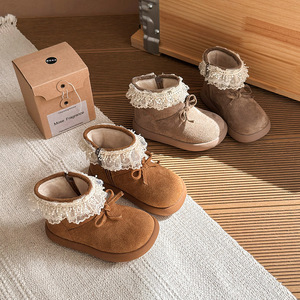 Bottes de neige pour enfants, bottes courtes à semelle souple et chaude en fourrure pour filles, avec nœud en dentelle, non légères - Product Image 1
