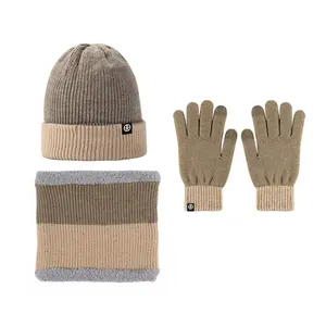 Wholesale Custom Logo High Quality Winter Warm Thermal Knitted Beanie Hat Scarf Neck Touch Screen Gloves Set