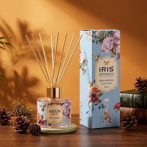 Aikun Low MOQ 3D Sample Floral Round Glass 100ml Sticker Blue Box Custom Aroma Long Scent Reed Diffuser Gift <b>Set</b> for Shops - Product Image 1