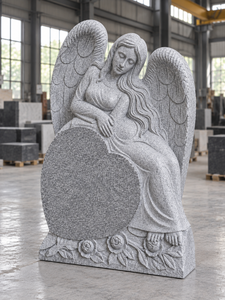 Statue d'ange de style américain traditionnel pour cimetière, pierre tombale avec sculpture de rose, monument en granit gris, marque américaine, modèle 02 - Product Image 3
