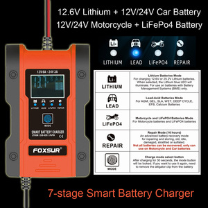 FOXSUR — chargeur intelligent automatique pour <span class=keywords><strong>batterie</strong></span> 12V 24V, entretien du réservoir, désulfeur pour GEL humide, AGM 12.6V, Lithium, LiFePO4 LiPo - Product Image 3