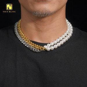 Delicado collar de perlas pulseras 18K chapado en oro cadenas de acero inoxidable media perla medio collar de eslabones cubanos para hombres y <span class=keywords><strong>mujeres</strong></span> - Product Image 6