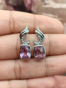 Boucles d'oreilles pendantes en argent sterling 925 avec quartz rose, bijoux artisanaux vintage faits à la main pour femmes, bijoux fins anti-allergiques - Product Image 6