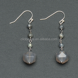 Labradorite Et <span class=keywords><strong>Gris</strong></span> Agate Chapelet Perles Boucles D'oreilles En Argent Sterling Oreille Fil Et Pin - Product Image 1