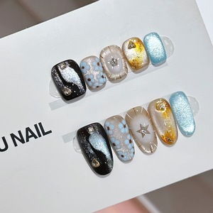 Faux film de protection pour ongles, carré moyen, doré champagne, à paillettes, à pois, avec fleurs et papillons 3D, effet œil de chat dégradé, pour mariage - Product Image 2