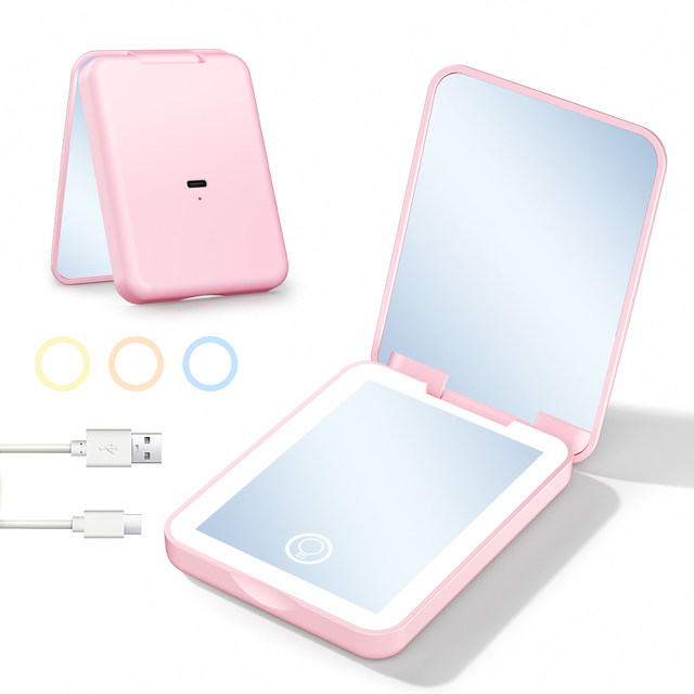 Rechargeable LED Light Compact Mirror Pocket Purse Handheld Portable Folding Small Mini Makeup Mirror with 3 Color Lights Switch