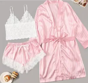 X1074 Bán Hot Phụ Nữ Ngủ Sexy 3 Cái Ren Trắng Bra Sọc Stain In Robe Shorts Set Trưởng Thành Đồ Lót Đồ Ngủ Quần Áo Ngủ