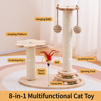 Jouet interactif pour chat 8-en-1 en bois avec griffoir en sisal, balles suspendues, plumes, piste rotative et balles de catnip