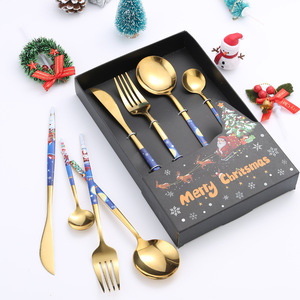 Christmas Stainless Steel Cutlery Set 4 Piece Gold Plated Holiday Tableware Gift Box Western Dinnerware - Product Image 2