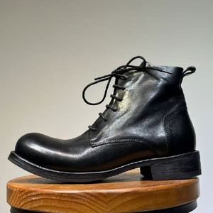 Bottes en cuir délavé rétro pour hommes, style anglais, à lacets, à bout épais, pour l'été, l'hiver et l'automne - Product Image 1
