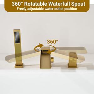 Grifo de bañera de latón dorado de un solo orificio para montaje en cubierta, juego de 3 orificios, con caño en <span class=keywords><strong>cascada</strong></span> y válvula pulverizadora de mano para uso hotelero - Product Image 3