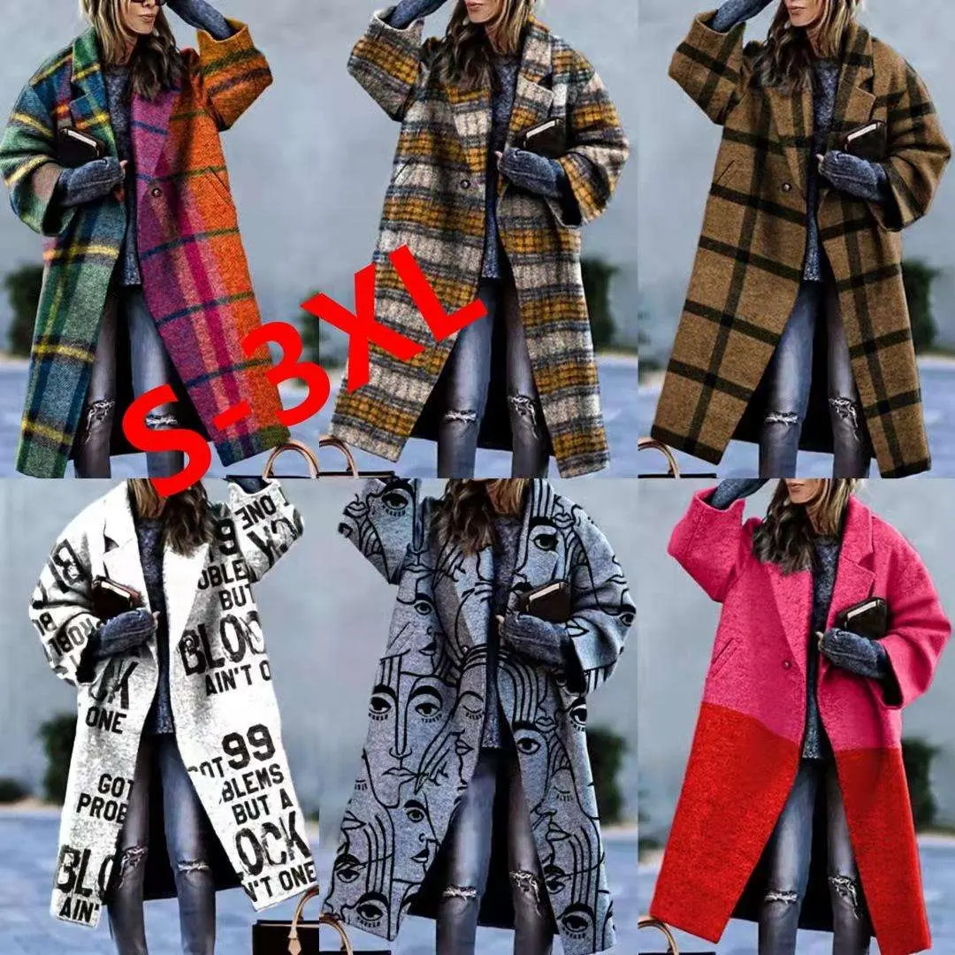 Wholesale Fashion Printed Plaid Abrigos Para Mujeres Winter Warm Trench Wool Coat Turndown Long Coat For Women