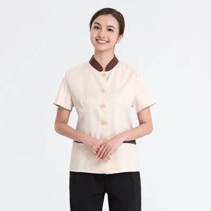 Hotel Cleaning Uniforms Short Sleeve Light Blue Cotton Women's Workwear - Product Image 4