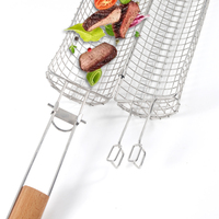 Vente chaude 2 pièces 304 panier de gril roulant de nidification extérieur en acier inoxydable avec manche en bois