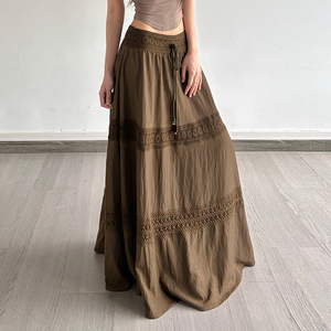 Retro Boho Artistic Lace <b>Patchwork</b> Drawstring <b>Skirt</b> Vacation Relaxed Casual A Line Maxi <b>Skirt</b> for Women - Product Image 5