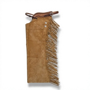 Pantalones de montar vaqueros de gamuza marrón de cintura alta sin mangas con flecos y cierre de hebilla, de longitud completa, para hombre - Product Image 1