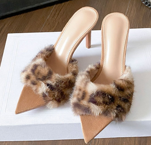 Women's Fuzzy Fur Stiletto <b>Mule</b> Sandals Soft Insole Elegant Open <b>Toe</b> on Heels for Party Date Daily Casual Wear - Product Image 2