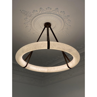 Lustre Suspendu Moderne en Laiton Antique avec Anneau en Tube d'Alabâtre Espagnol et Sangle en Cuir, Éclairage Intérieur pour Villa