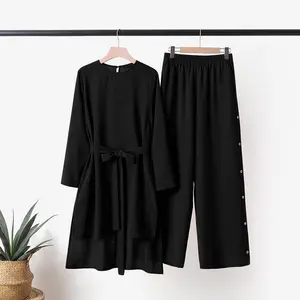 Yeni varış basit stil uzun kollu müslüman tunik uzun bluz kadınlar Tops pantolon seti