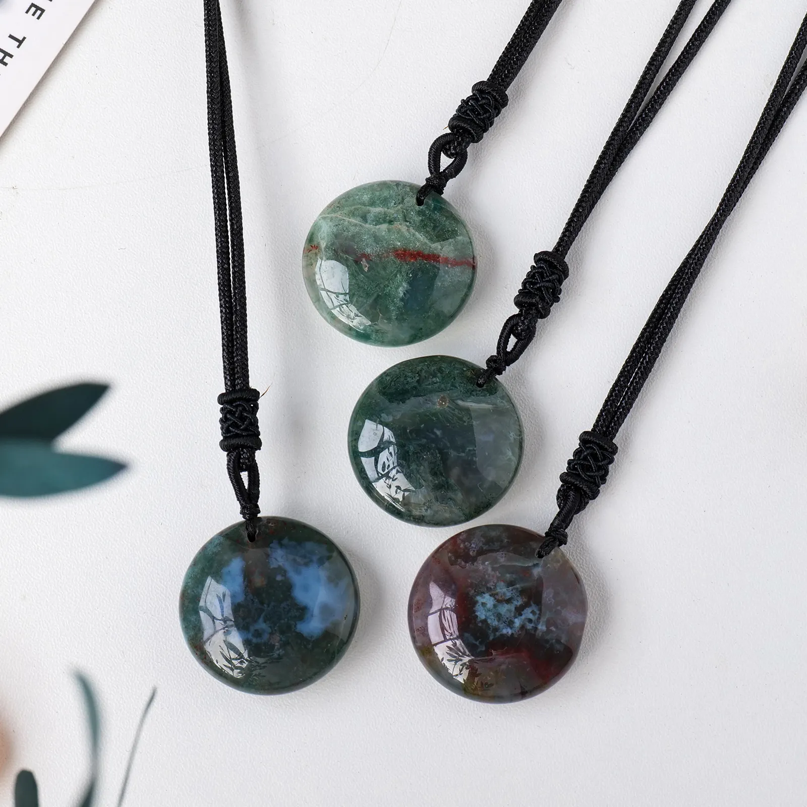 Hot selling wholesale natural crystal carving Mossagate disc pendant spiritual healing home decoration