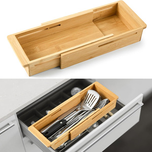 Bamboo Drawer Organizer Rectangular Cutlery <b>Storage</b> <b>Box</b> For <b>Kitchen</b> Drawers Multifunctional Utensil Holder - Product Image 1