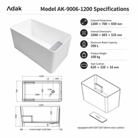 Baignoire autoportante en pierre artificielle durable Adak, surface solide, drain, baignoire intérieure, petite salle de bain ovale, 60 gal+ 5