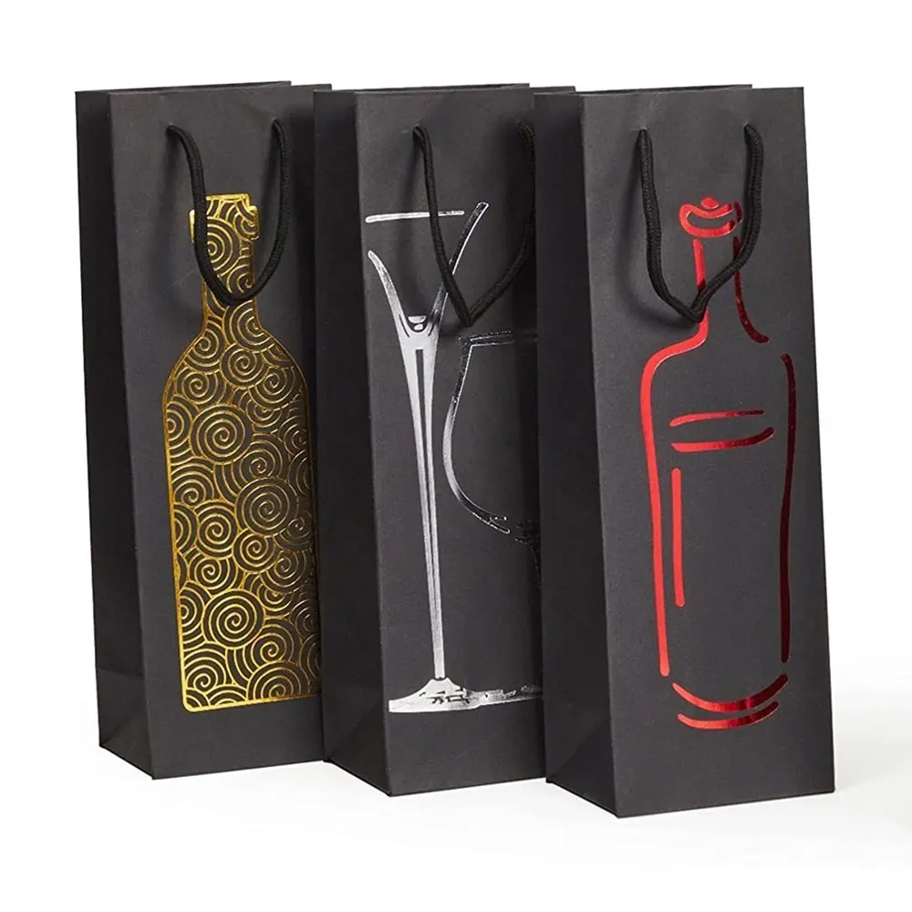 Enkele Draagbare Wijn Water Papieren Zak Elegante Verijdelde Ontwerpen Zwarte Fles Wijn Cadeau Zakken Met Logo
