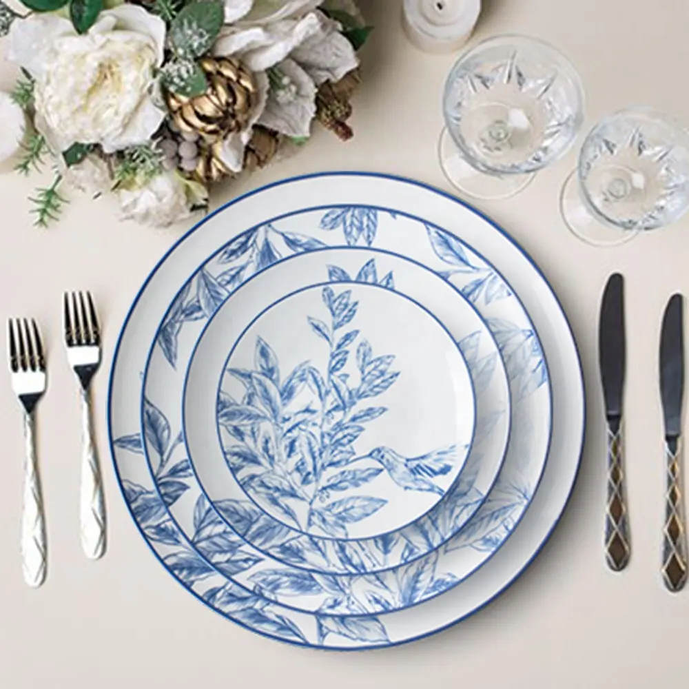 Sıcak satış düğün çin servis örtüsü mavi ve beyaz porselen tarzı yemek takımı seti çin yemek tabağı