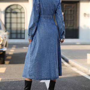 Robe midi en jean élégante sur mesure à manches longues avec ceinture et col à revers pour femmes - Product Image 6