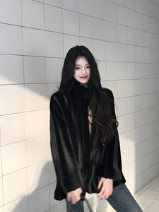 Lussuoso Cappotto Corto in Finta Pelliccia di Visone Nero per <span class=keywords><strong>Donna</strong></span>, <span class=keywords><strong>Giacca</strong></span> Invernale Calda e Spessa con Colletto Alto Elegante - Product Image 3