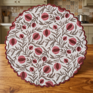 Elegant High Quality <b>Round</b> Fabric <b>Placemat</b> With Pomegranate Pattern Scalloped Edge Washable Table Mat Traditional Design - Product Image 3
