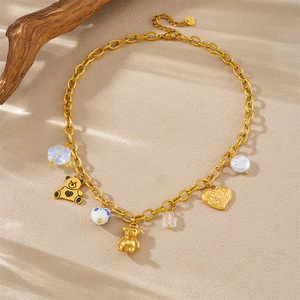 Cartoon Little Bear Gold Plated Pendant Necklace With Heart Chain And Painted Charms For Gift - Product Image 3