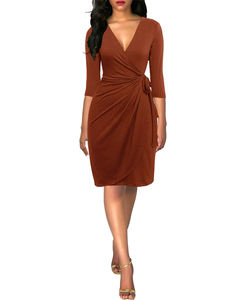 Événement de Noël Robe moulante froncée pour femmes Robe sexy col en V longueur genou Robe hanche étreinte pour <span class=keywords><strong>tenue</strong></span> de soirée Club Party - Product Image 3