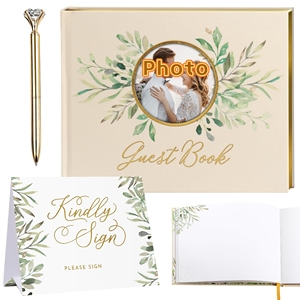 FSC-Livro de visitas de casamento em linho com folha de ouro personalizada ISO com caneta e cartões de mesa - Product Image 1