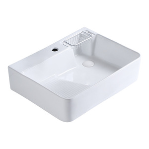 Lavabo de Cerámica para Encimera, de un Solo Orificio, Integrado, Brillante, con Diseño de Tabla de Lavar - Product Image 3