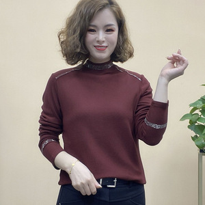 Women's High Neck Long Sleeve Slim Fit Knit Top With Rhinestone Detail Black Dark Gray Pink Burgundy Brown Elegant Soft Base - Product Image 2