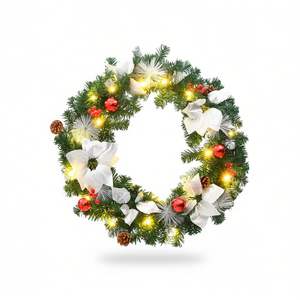 Guirnalda Navideña de PVC Verde y Blanco de 23.6 Pulgadas de Diámetro con Luces, Estilo Tradicional, Decoración para Montar en la Pared para las Fiestas - Product Image 1