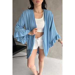 Cárdigan de malla bohemio para mujer, de gasa transparente con capas y mangas con volantes, translúcido blanco - Product Image 2