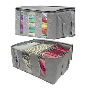 Tas Organizer pakaian, 65l, dapat dilipat, tidak ditenun, kain, 3 bagian, kotak pengatur pakaian dengan jendela bening untuk lemari