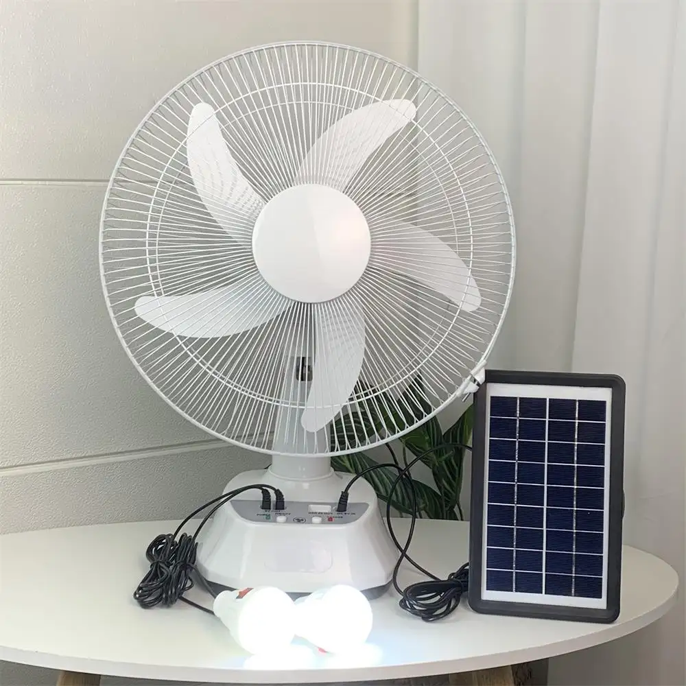 12Inch Oplaadbare Elektrische Ventilator Op Zonne-Energie Voor Thuis Met Zonnepaneel En Gloeilamp
