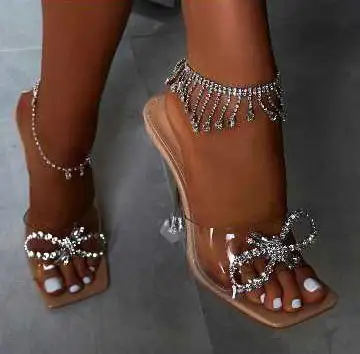Elmas yay şeffaf şeffaf cam kare ayak yüksek topuk terlik ayakkabı kadın moda 2020 topuk sandalet özel slaytlar bayanlar ayakkabı