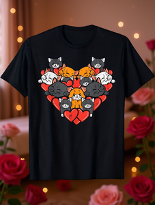 T-shirt da donna con stampa gatto e cuore, manica corta, girocollo, in cotone, stile cartone animato, regalo di San Valentino, stile primavera estate - Product Image 2