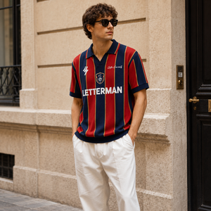 Retro Vertical Stripe Knit Polo Collar <b>Shirt</b> Men's Vintage Football Style Short Sleeve Pullover Sweater - Product Image 2