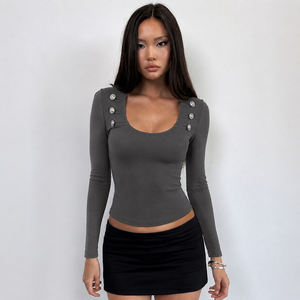 Women's Grey U-Neck Long Sleeve T-<b>Shirt</b> Button Detail Slim Fit <b>Y2K</b> Style Designer High Quality Casual Top - Product Image 1