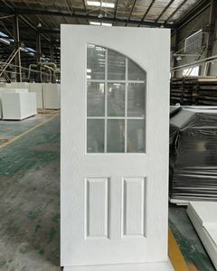 Porte d'entrée extérieure en fibre de verre avec panneau en chêne encastré, verre isolant transparent à 9 vantaux en <span class=keywords><strong>PVC</strong></span> blanc à bord droit - Product Image 1