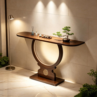 Table console de luxe minimaliste avec plateau en bambou et panneau en bois massif, base sur piétement moderne, meuble pour salon et entrée