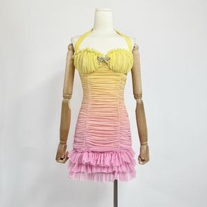 2025 nuovo stile Trap brillo sfumato rosa fatato plissettato in Chiffon naturale tessuto Sexy scollo all'americana abito donna - Product Image 4