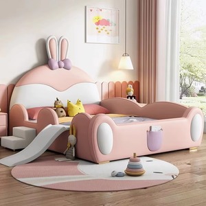 Camas Infantiles Modernas con Barandilla en Forma de Conejo, Cabecera Tapizada, Muebles para Dormitorio Infantil con Escaleras y Tobogán, Camas Completas para Niños - Product Image 3