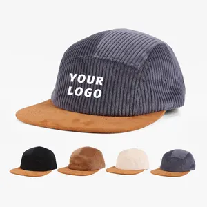 5 Panel Camping Flat Brim Custom Embroidery Corduroy Unstructured High Quality Flat Bill Adjust Wholesale Snapback Caps Hat
