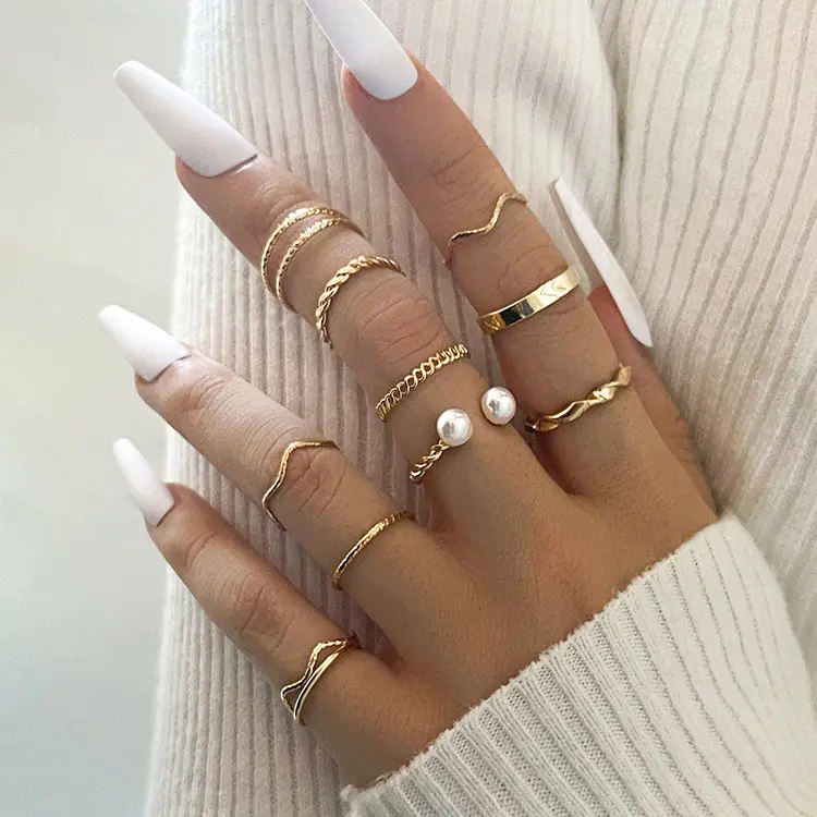 10 Piece Set Wave Twist Pearl Finger Rings Alloy Jewelry Retro Infinite Adjustable Knuckle Ring Set